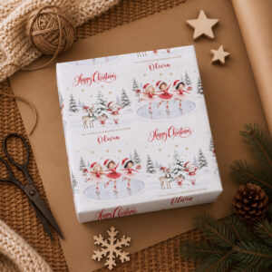 Girls personalised Christmas gift wrap with red ballerina ice skaters and personalised name