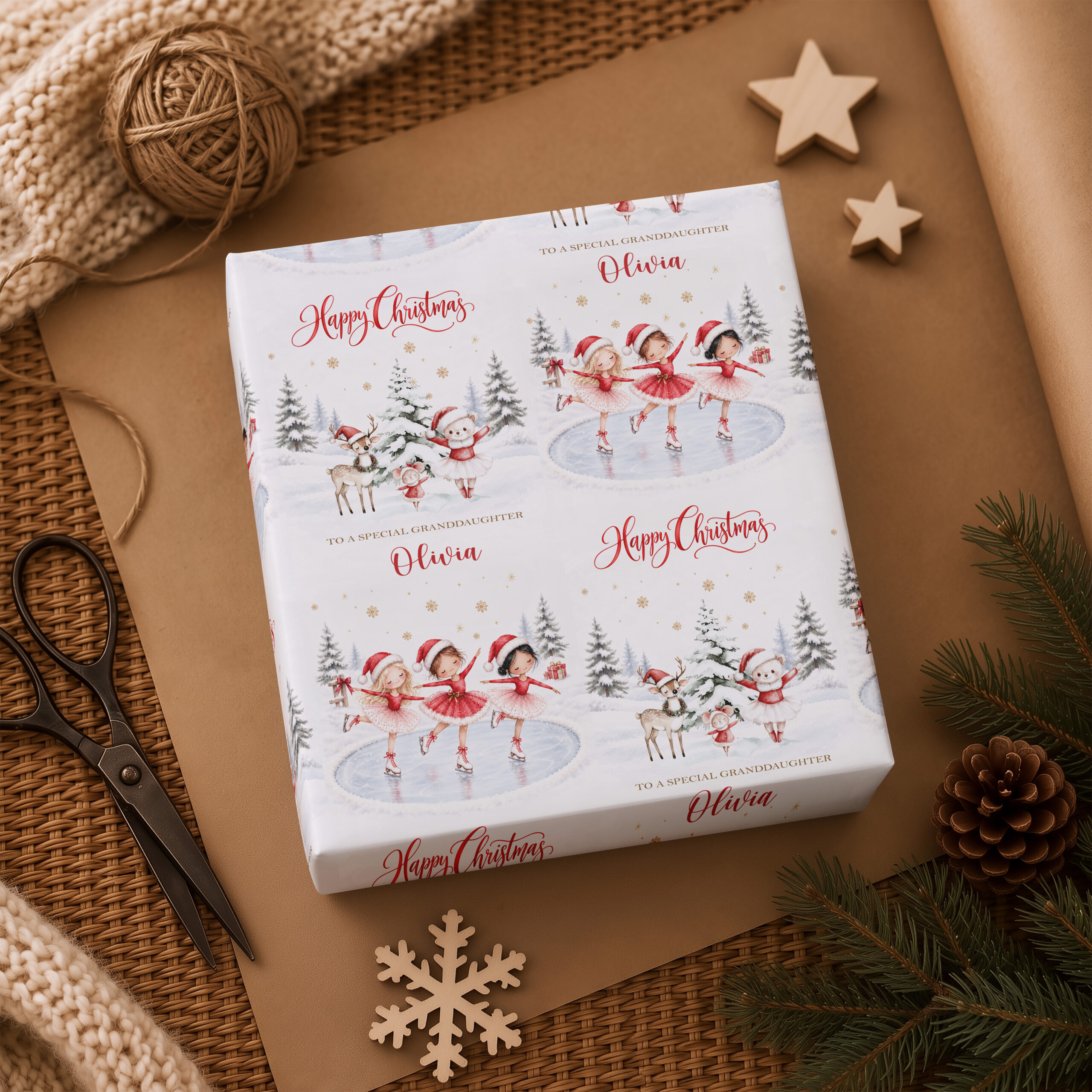 Girls personalised Christmas gift wrap with red ballerina ice skaters and personalised name