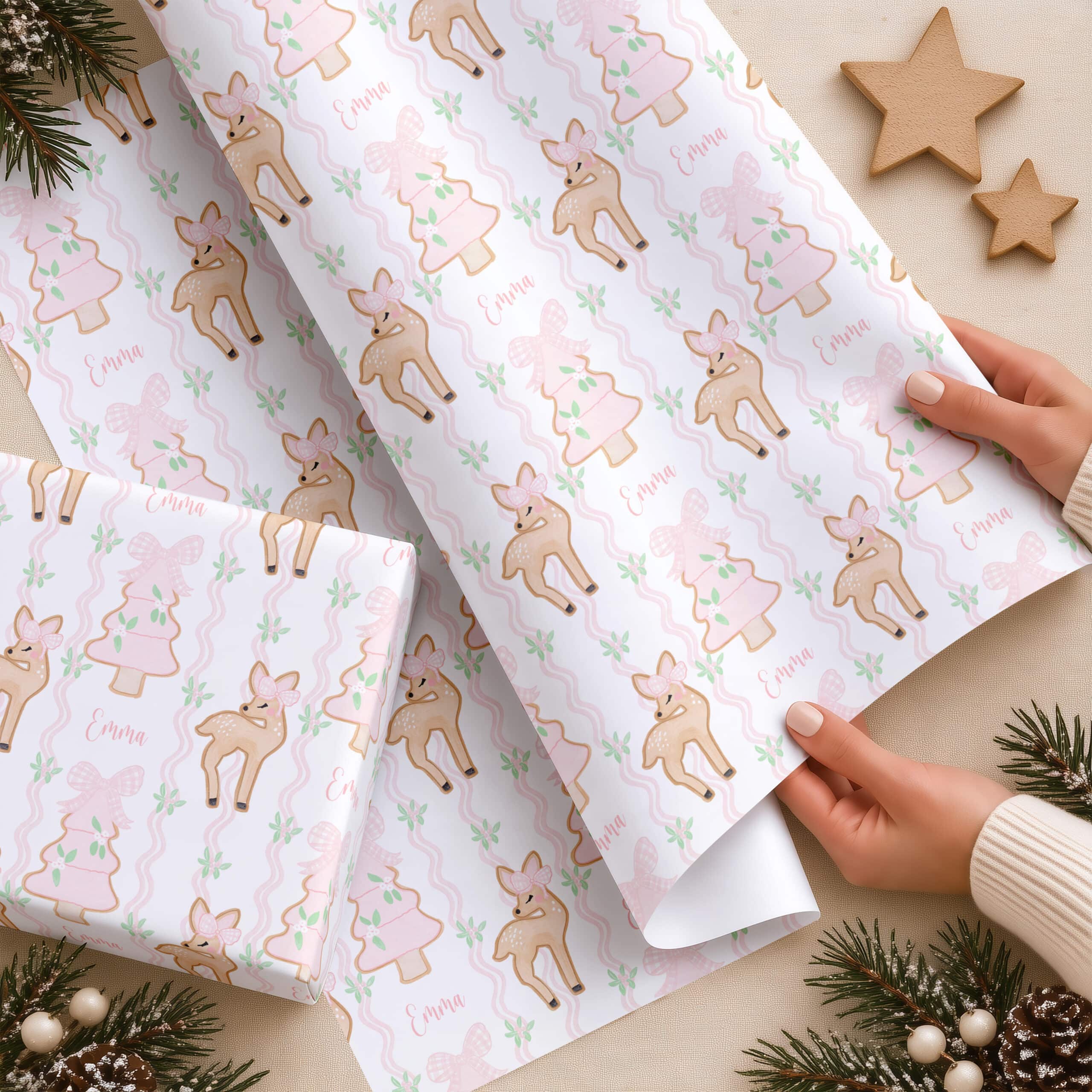 Girls personalised Christmas wrap with reindeer, pink trees, bows and name