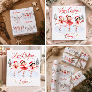 Personalised ballerina Christmas wrapping paper for girls with matching Christmas card available