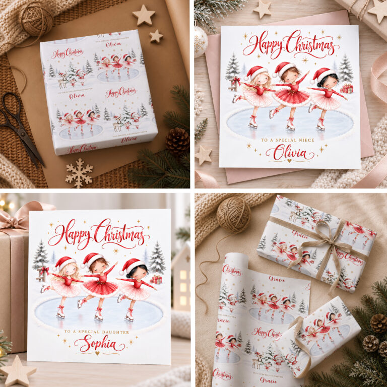Personalised Christmas Ice Skating Card for Girls