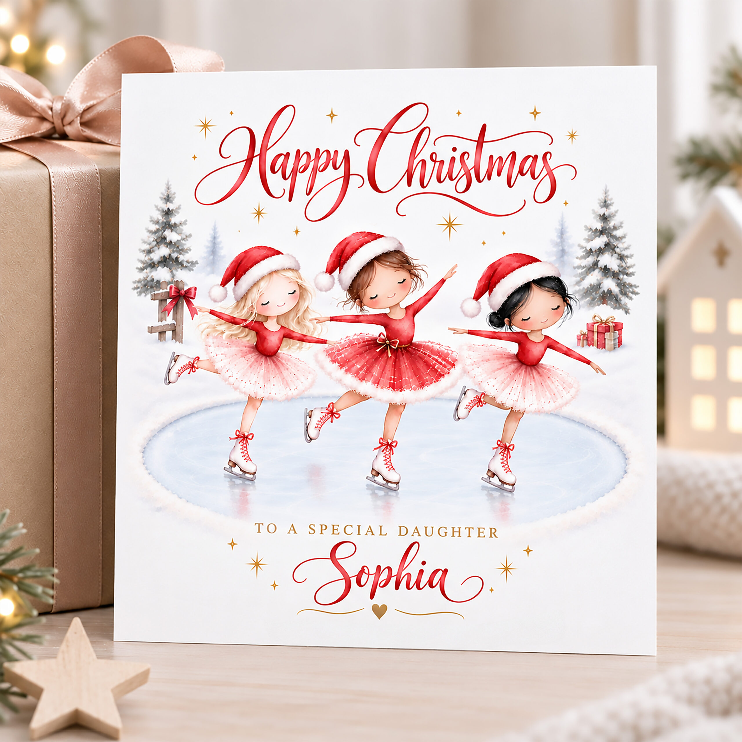Personalised Christmas Ice Skating Card for Girls