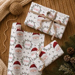 Personalised Christmas wrapping paper with Santa and holly design