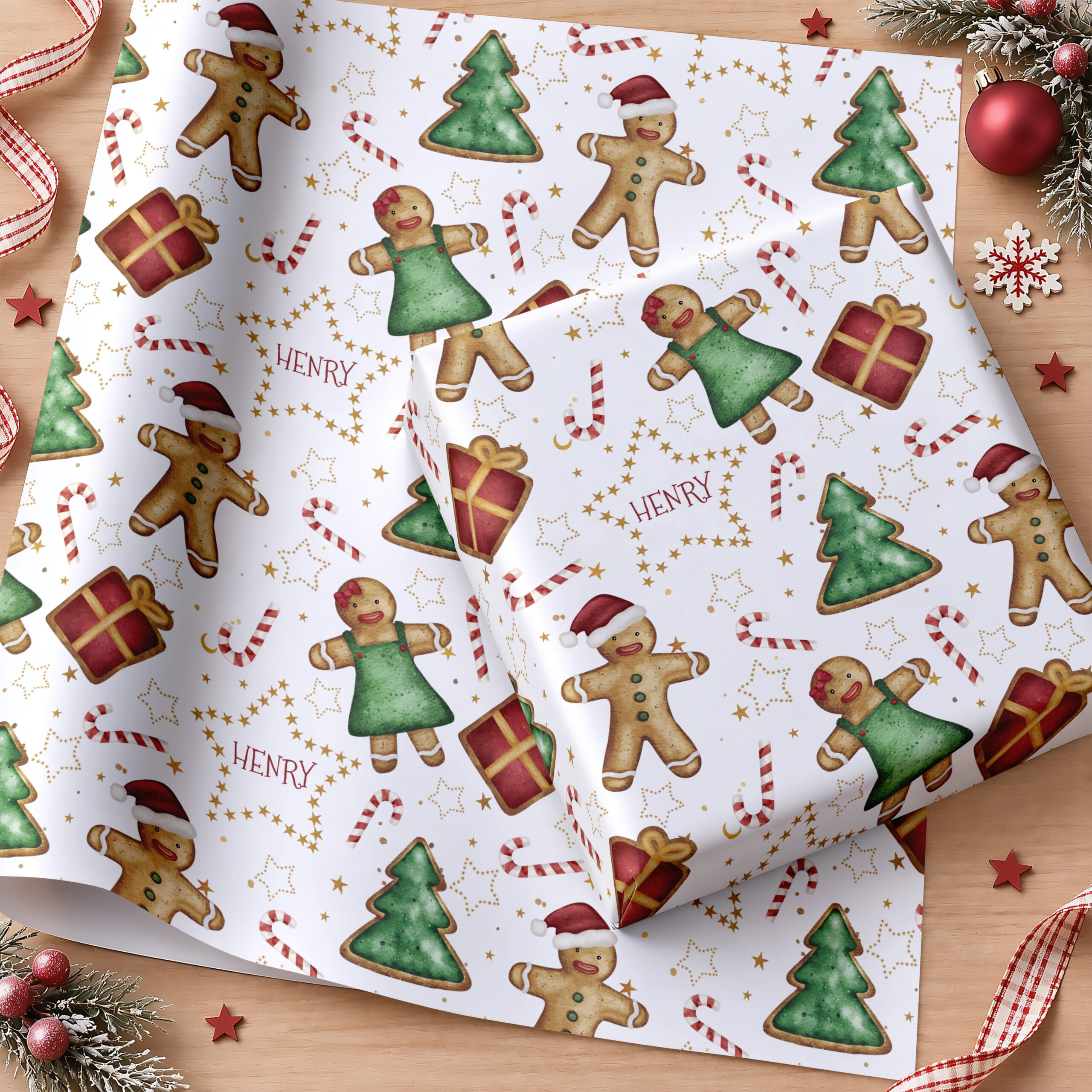 Personalised gingerbread Christmas wrapping paper with name