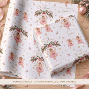 Personalised girls Christmas wrapping paper with pink fairies, festive greenery and name