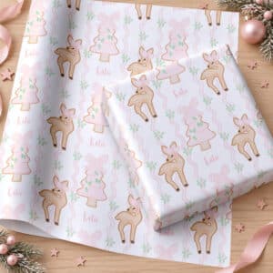 Personalised girls Christmas wrapping paper with pink reindeer, Christmas trees and name