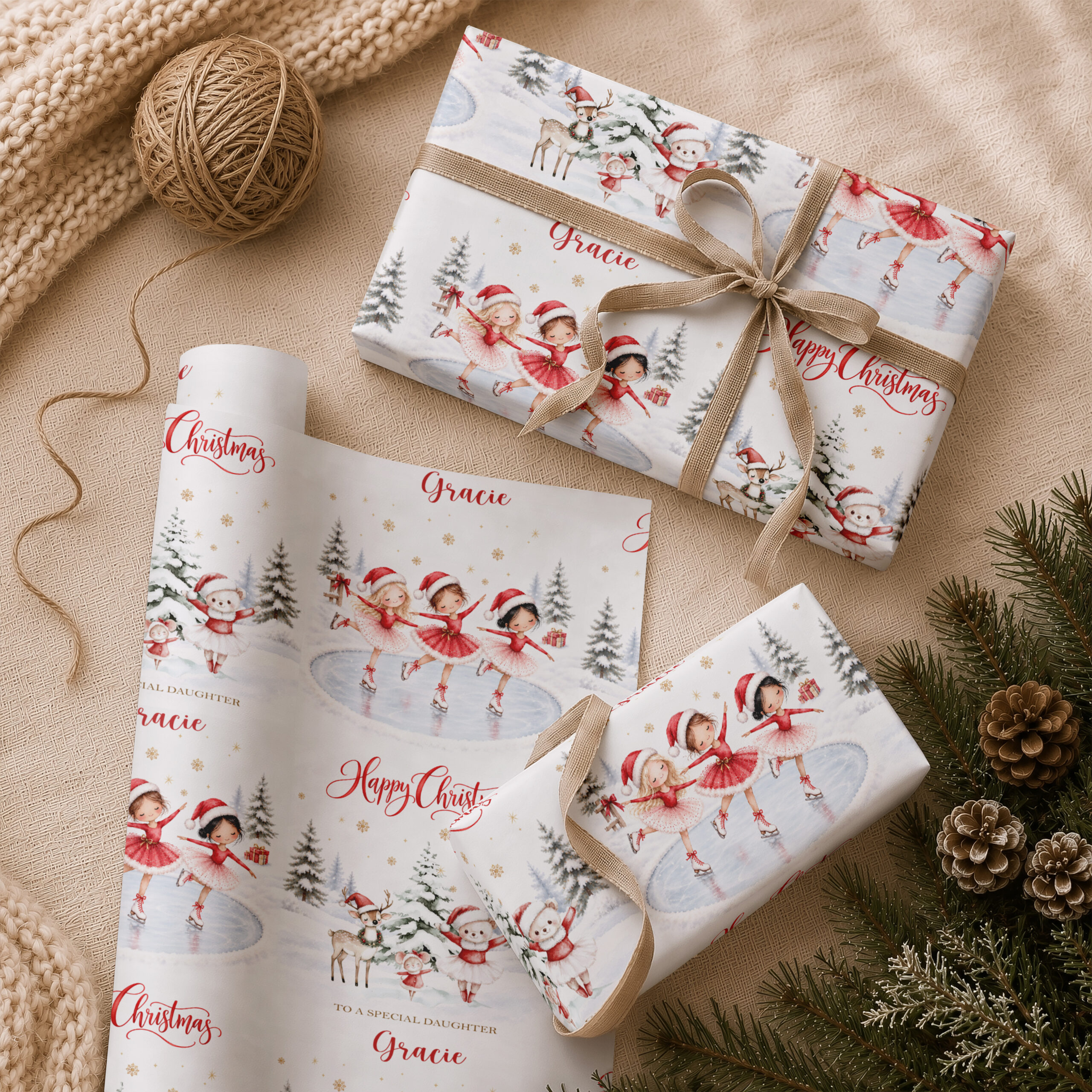 Personalised ice skating ballerina Christmas wrapping paper with snowy trees and festive characters