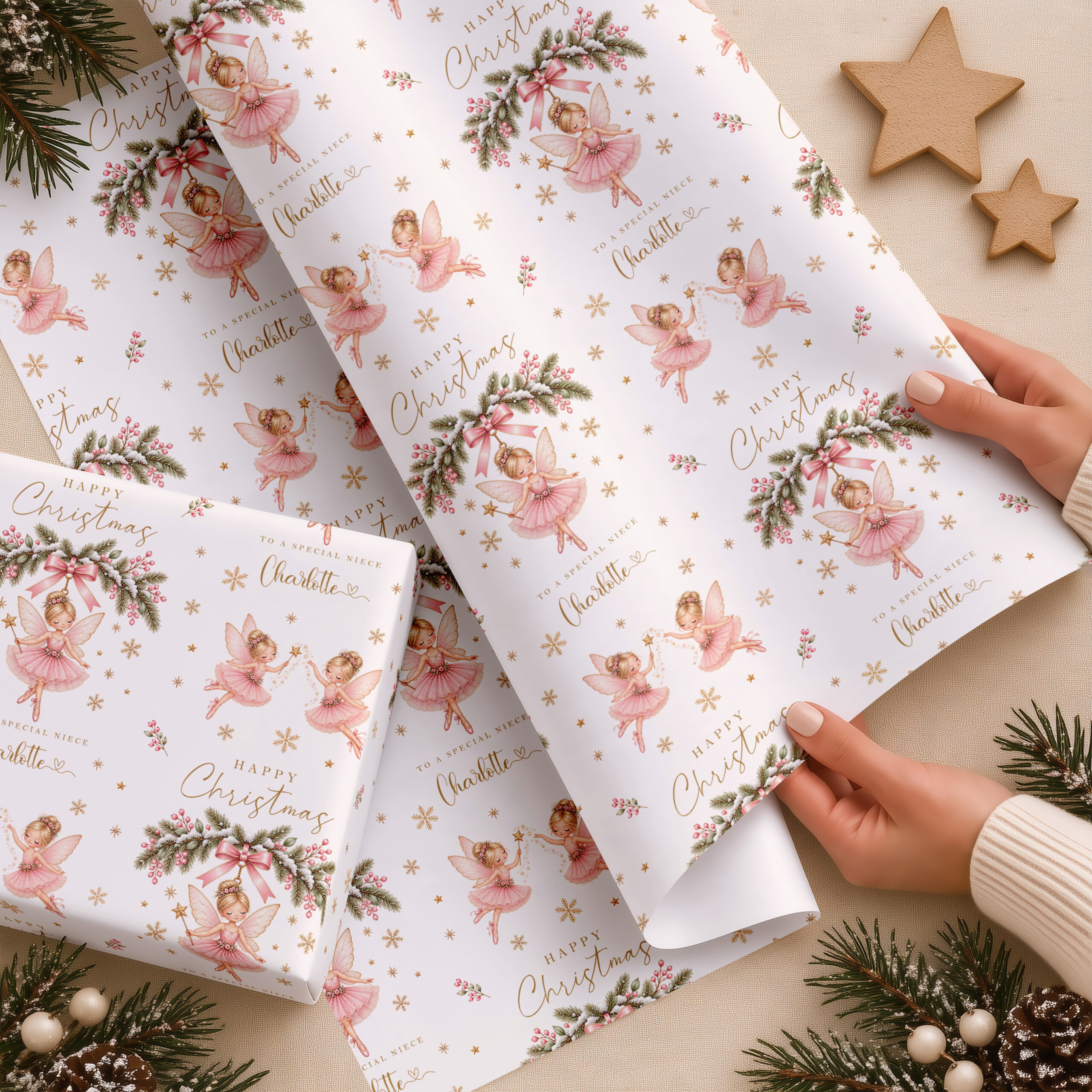 Pink fairy Christmas wrapping paper for girls personalised with name and relationship