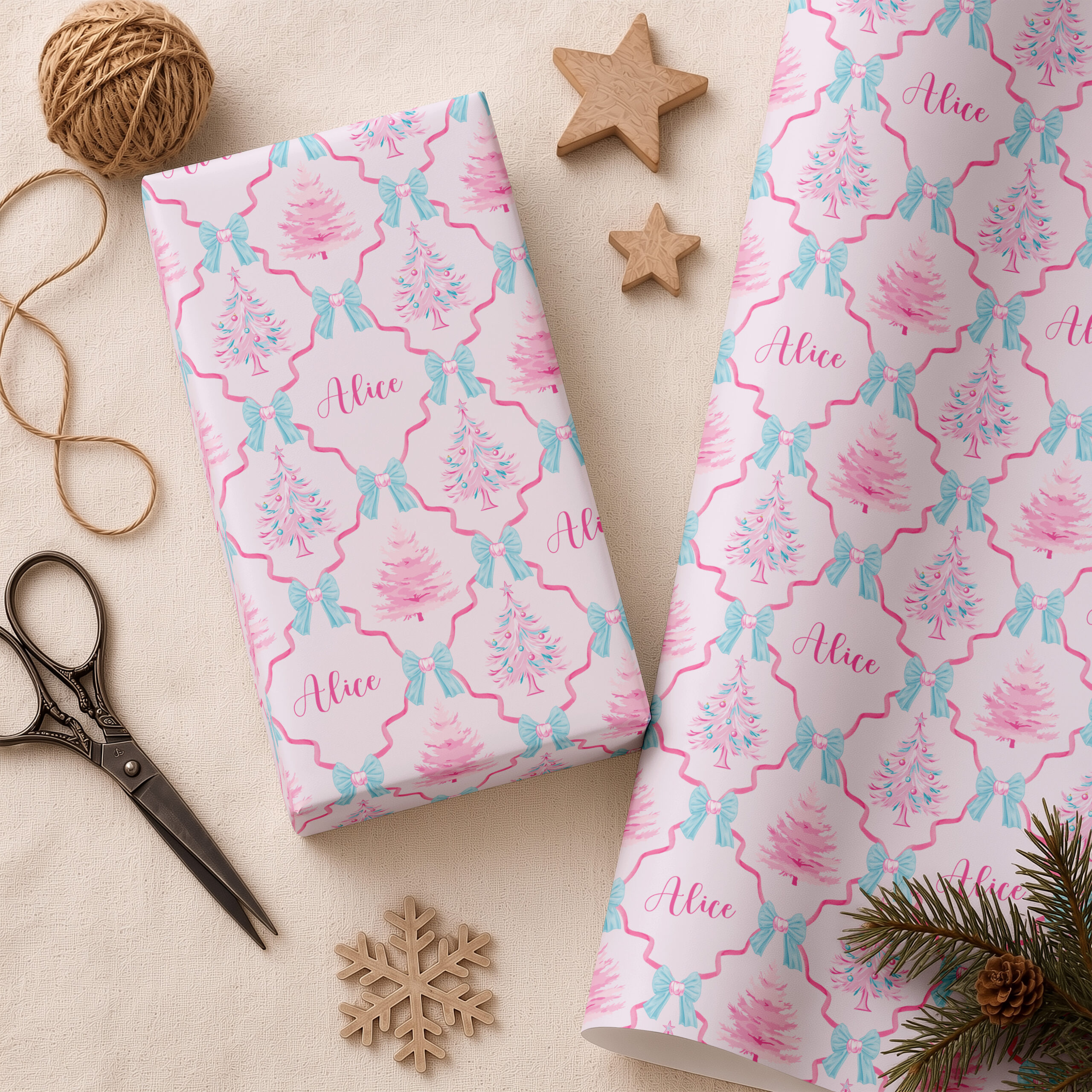 Personalised pink Christmas wrapping paper with name, bows and Christmas trees