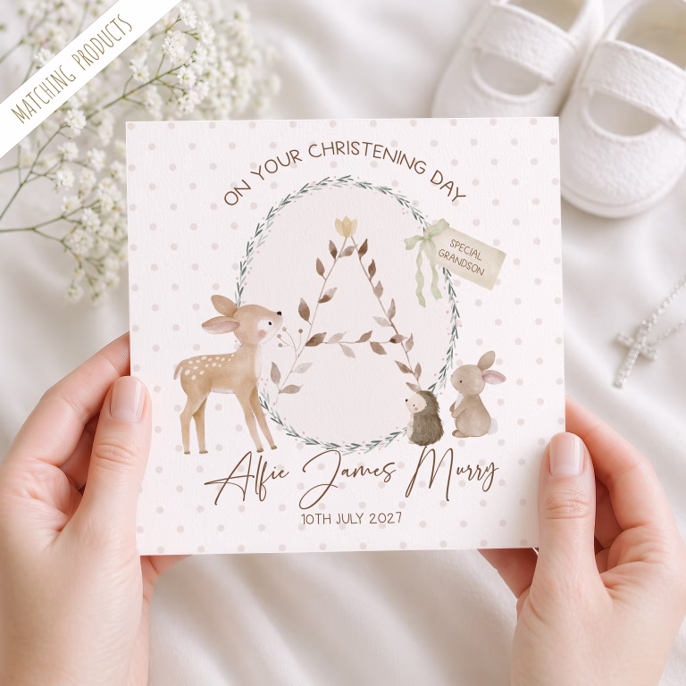 Handmade Christening Card ‘Woodland Alphabet’
