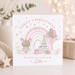 Personalised Baby's First Christmas card with fairy mice and pastel rainbow, suitable for daughter, granddaughter, niece, goddaughter and any relation, with matching gift wrapping paper.