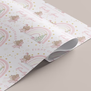 Personalised Baby's First Christmas gift wrap, with fairy mice and pastel rainbow, suitable for daughter, granddaughter, niece, goddaughter and any relation, with matching christmas card.