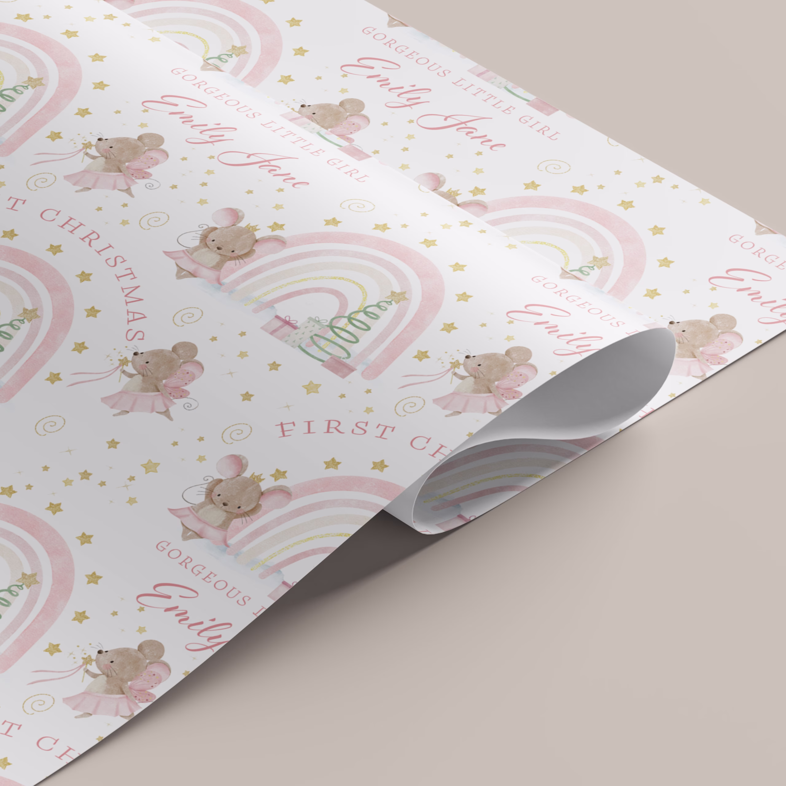 Personalised Baby's First Christmas gift wrap, with fairy mice and pastel rainbow, suitable for daughter, granddaughter, niece, goddaughter and any relation, with matching christmas card.