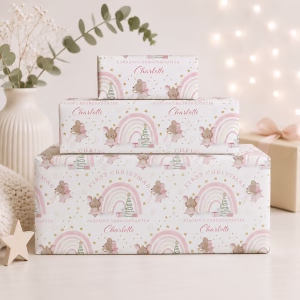 Personalised Baby's First Christmas gift wrap, with fairy mice and pastel rainbow, suitable for daughter, granddaughter, niece, goddaughter and any relation, with matching christmas card.