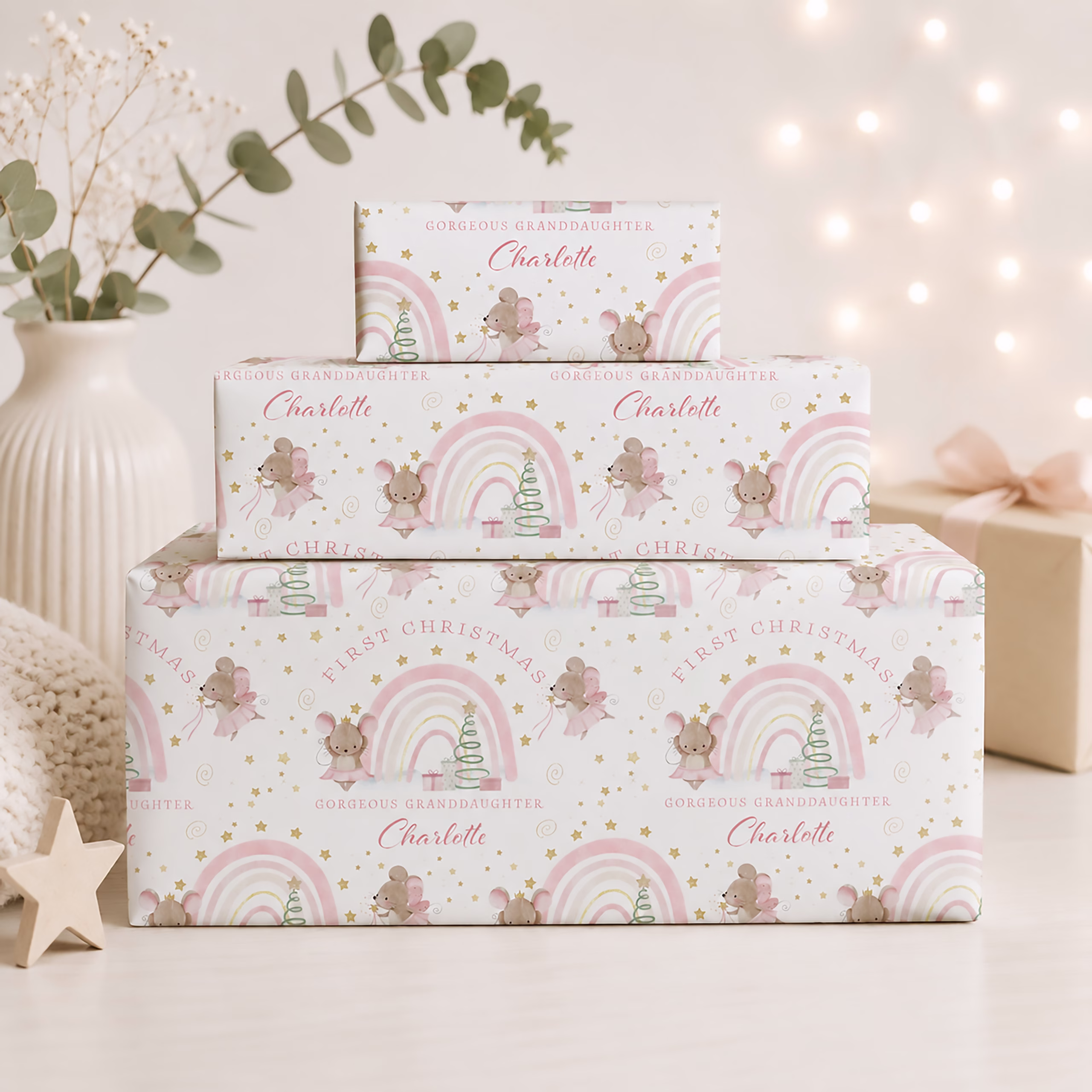Personalised Baby's First Christmas gift wrap, with fairy mice and pastel rainbow, suitable for daughter, granddaughter, niece, goddaughter and any relation, with matching christmas card.