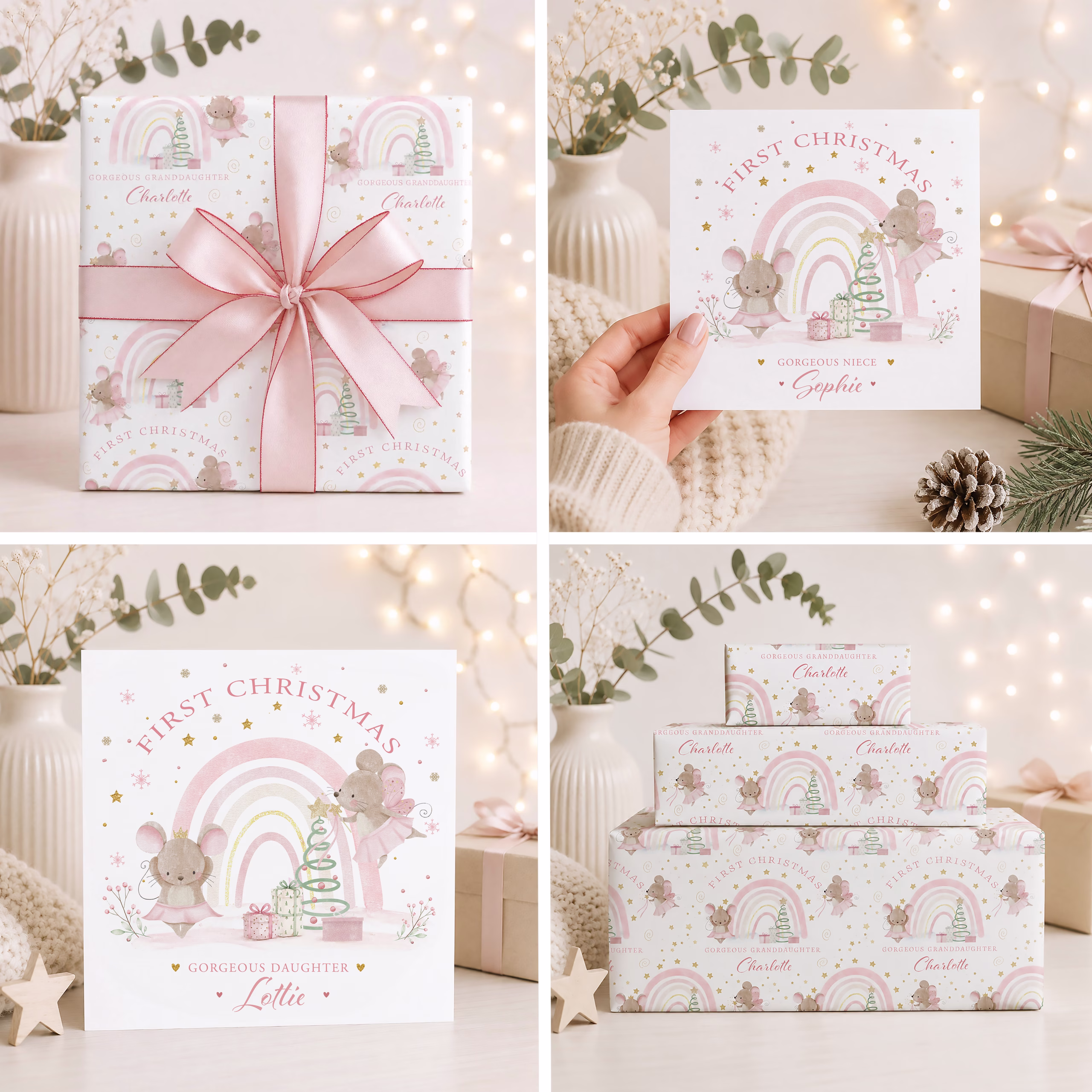 Personalised Baby's First Christmas gift wrap, with fairy mice and pastel rainbow, suitable for daughter, granddaughter, niece, goddaughter and any relation, with matching christmas card.