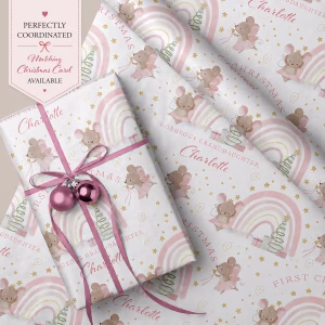 Personalised Baby's First Christmas gift wrap, with fairy mice and pastel rainbow, suitable for daughter, granddaughter, niece, goddaughter and any relation, with matching christmas card.