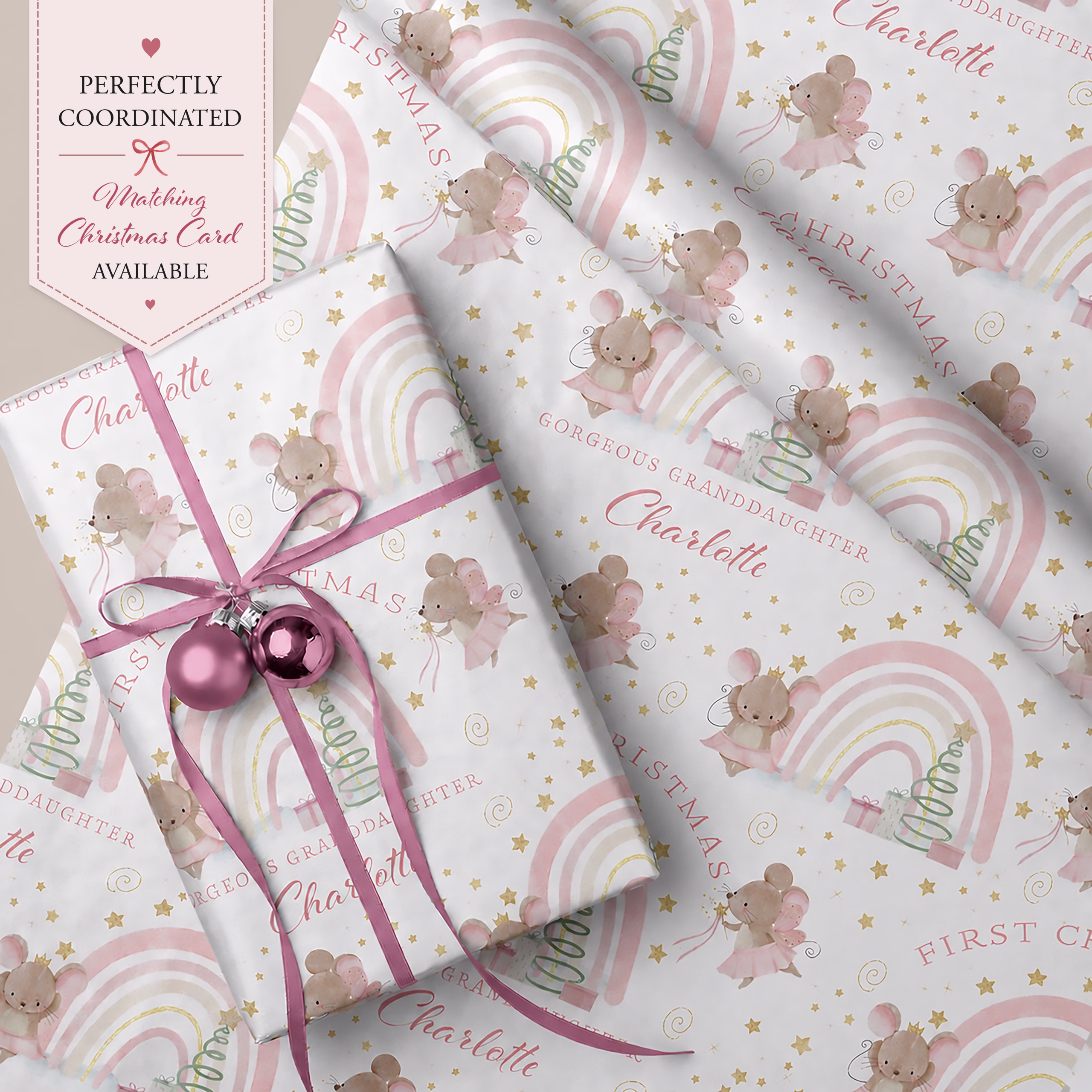 Personalised Baby's First Christmas gift wrap, with fairy mice and pastel rainbow, suitable for daughter, granddaughter, niece, goddaughter and any relation, with matching christmas card.