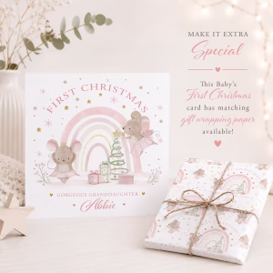 Personalised Baby's First Christmas card featuring fairy mice, pastel rainbow and Christmas tree with matching gift wrapping paper available.