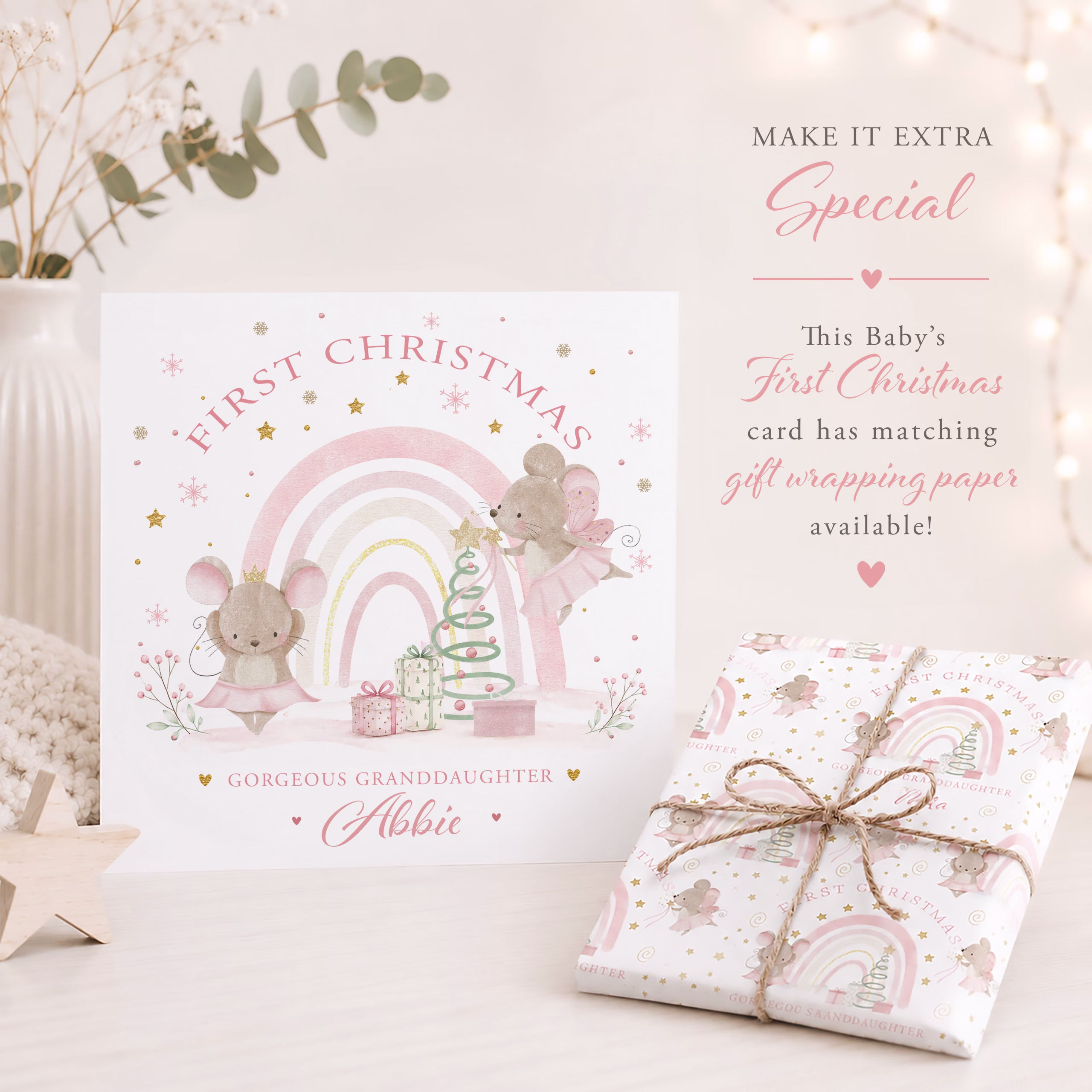 Personalised Baby's First Christmas card featuring fairy mice, pastel rainbow and Christmas tree with matching gift wrapping paper available.