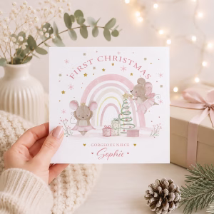 Personalised Baby's First Christmas card with fairy mice, pastel rainbow, Christmas tree