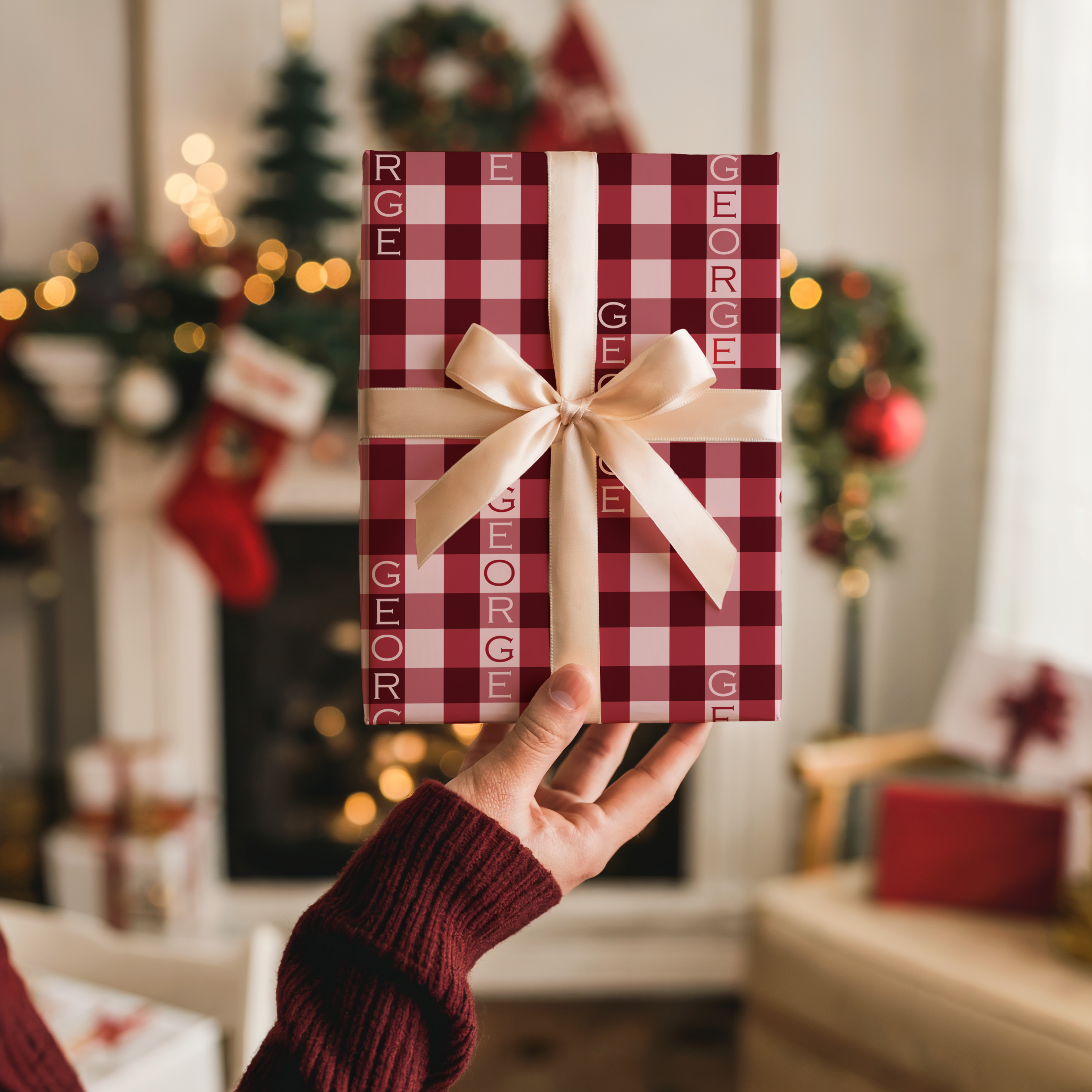Pink and Burgundy Gingham Wrapping Paper