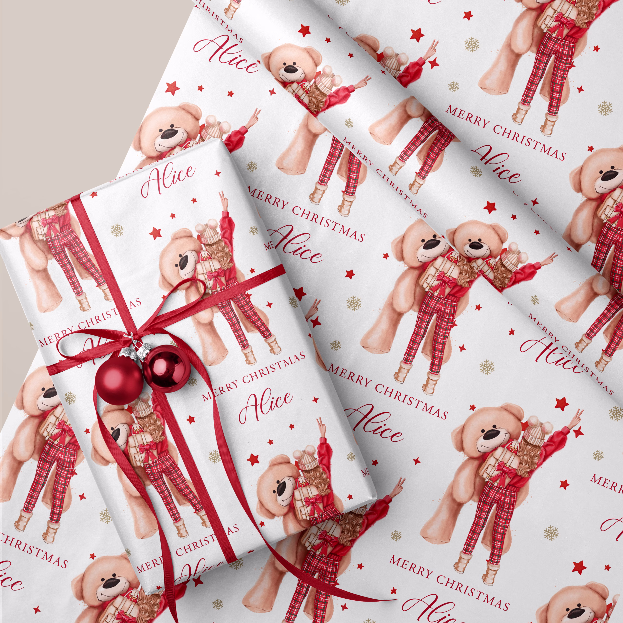Girls Teddy Bear Christmas Gift Wrapping Paper