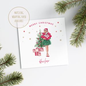Lady Holding Pile of Presents Christmas Card Square