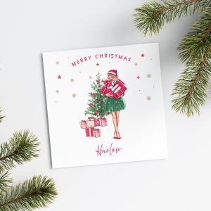 Lady Holding Pile of Presents Christmas Card Square