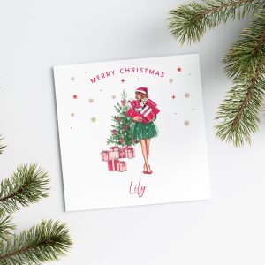 Lady Holding Pile of Presents Christmas Card Square