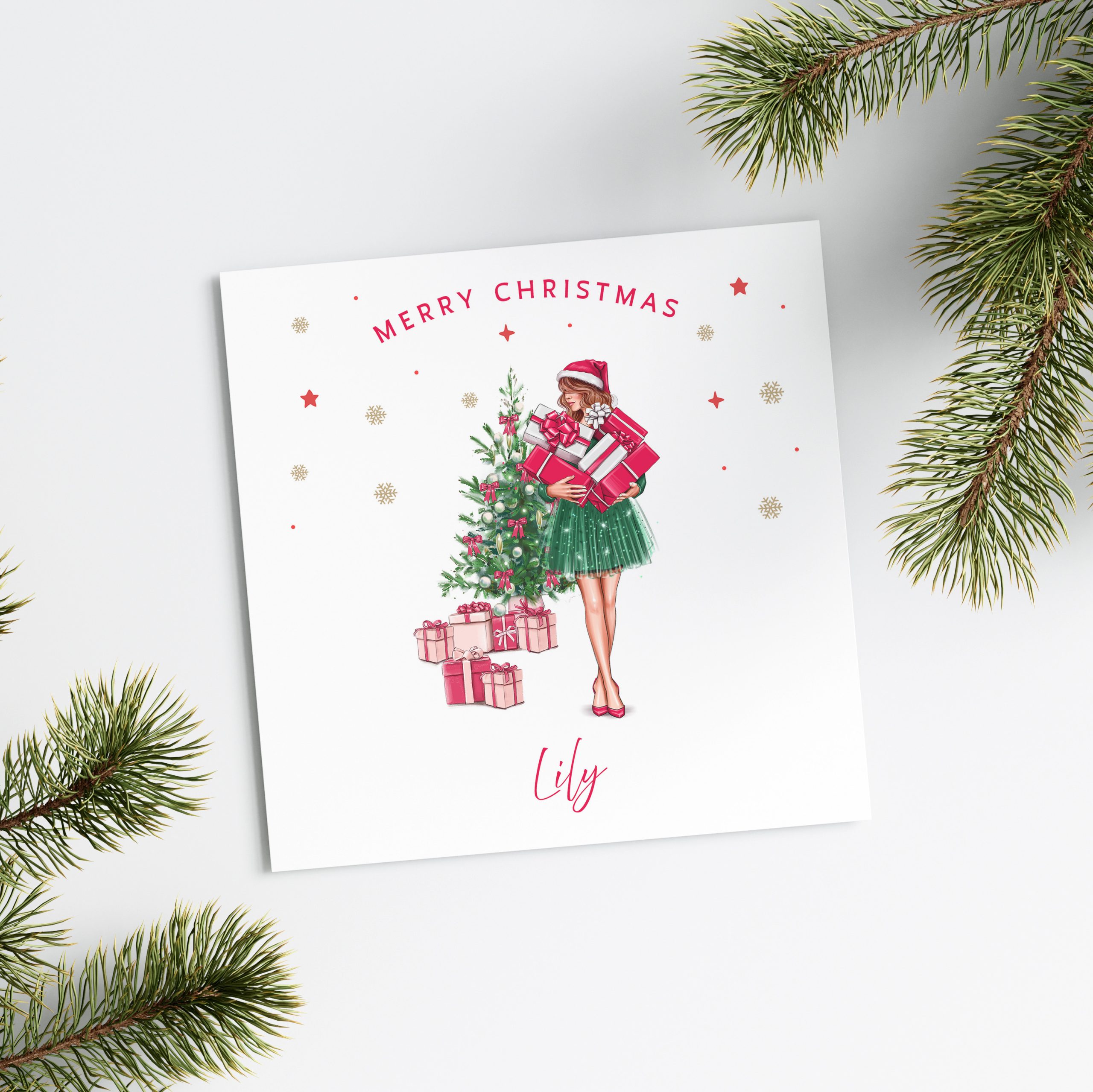 Lady Holding Pile of Presents Christmas Card Square