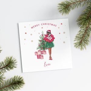 Lady Holding Pile of Presents Christmas Card