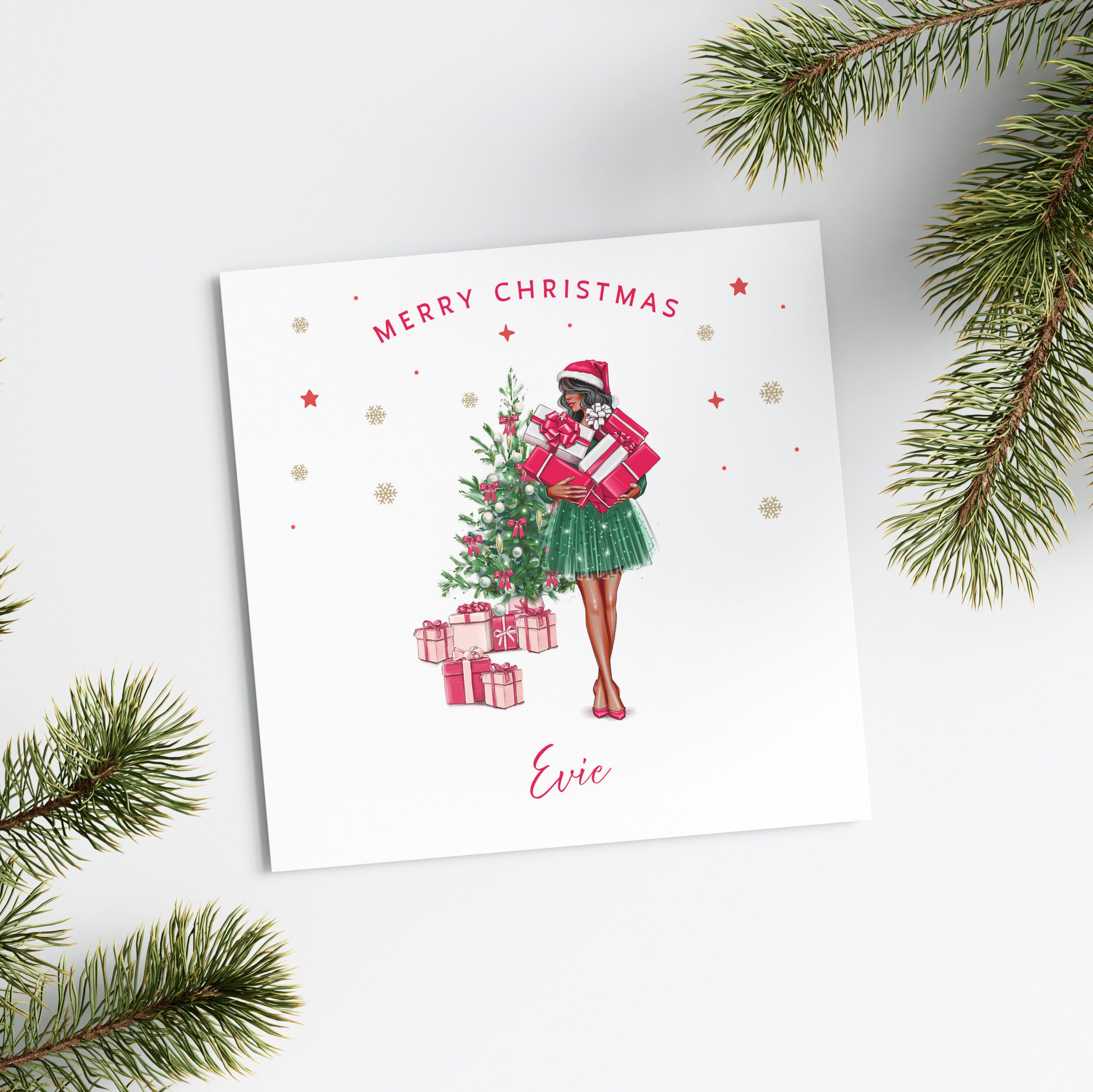 Lady Holding Pile of Presents Christmas Card