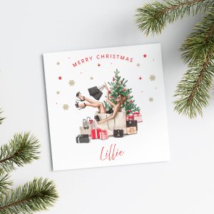 Lady Shopping Sitting in Bag Christmas Card