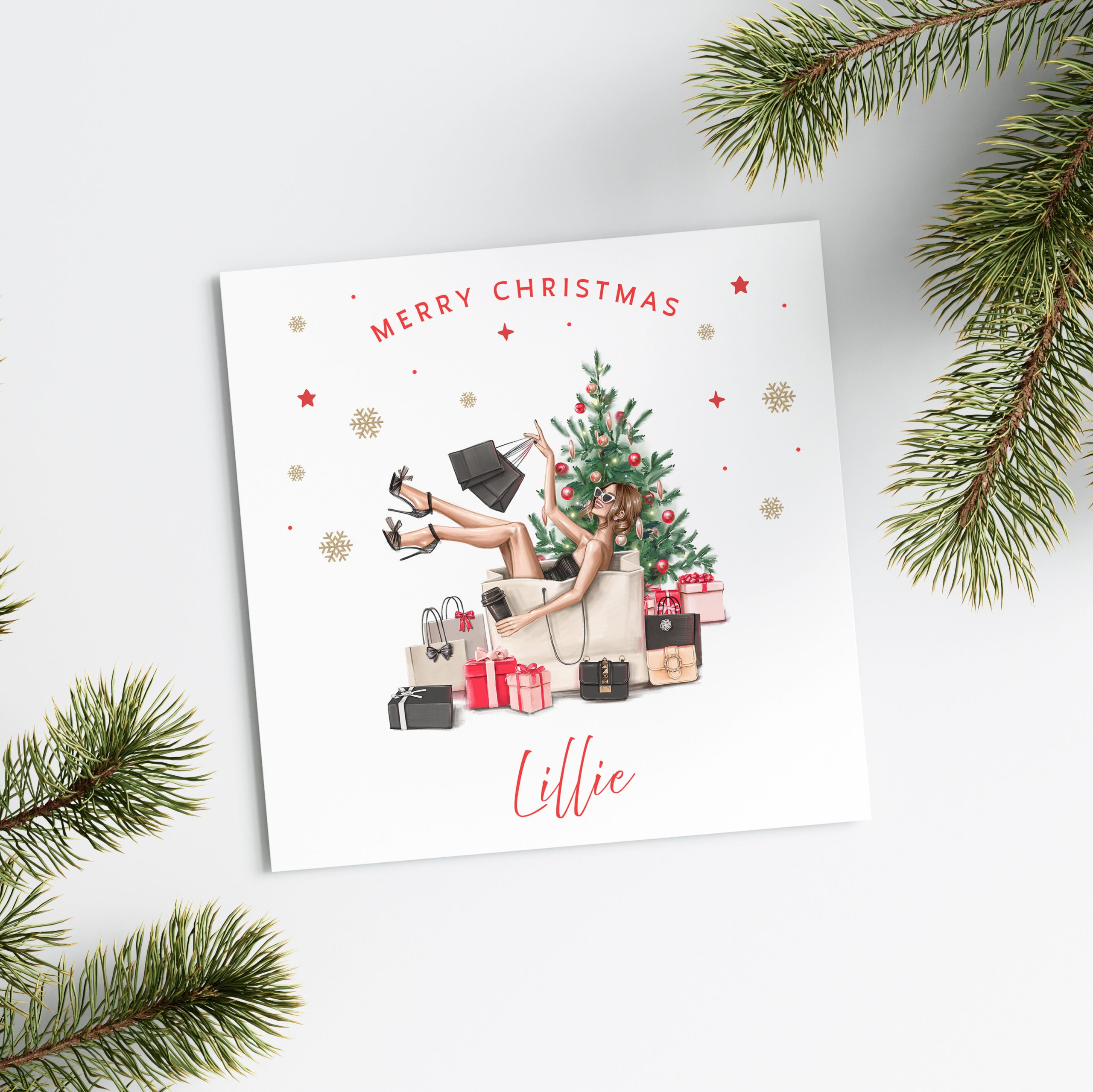 Lady Shopping Sitting in Bag Christmas Card