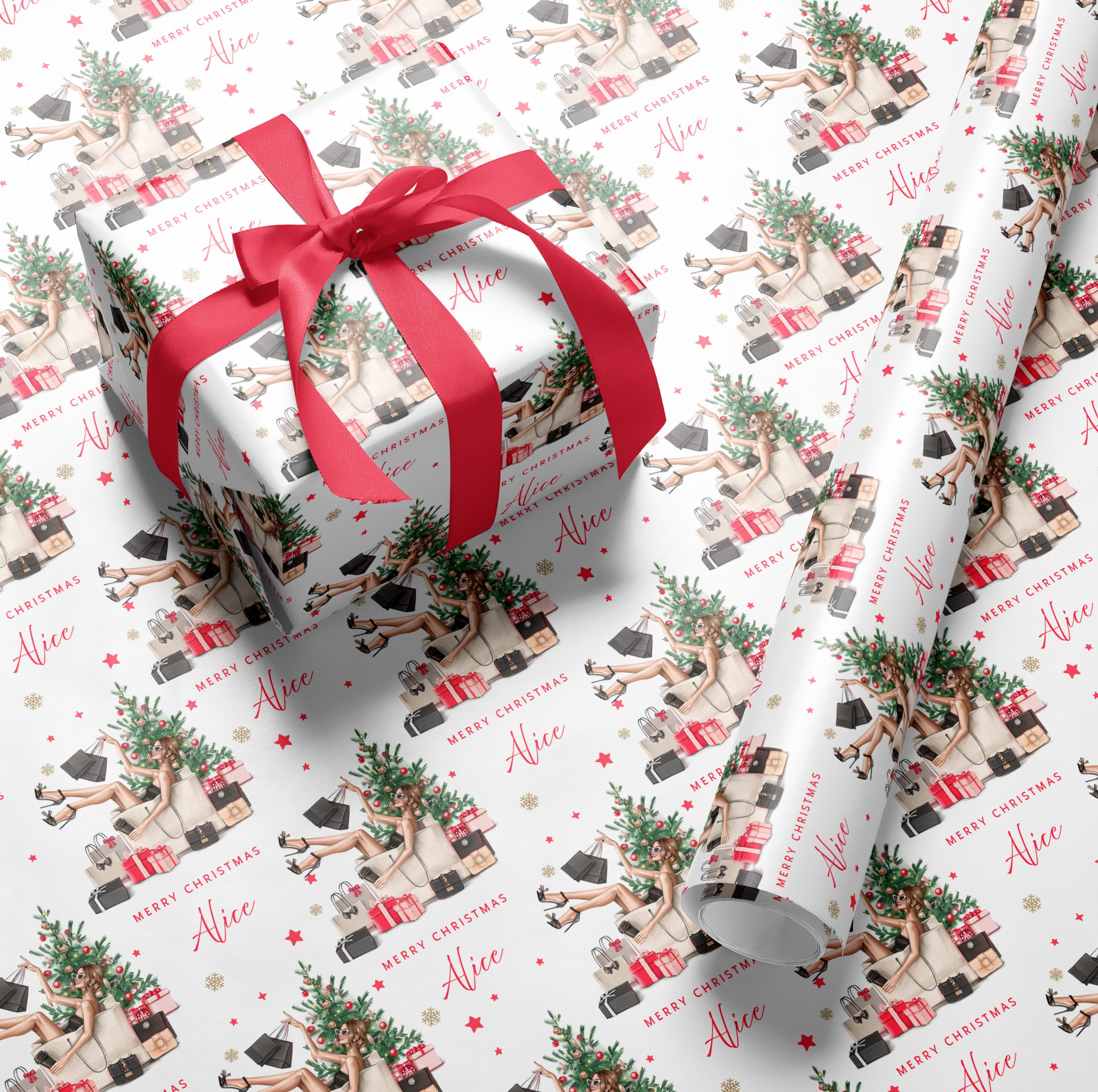 Personalised Christmas Wrapping Paper Lady Shopping
