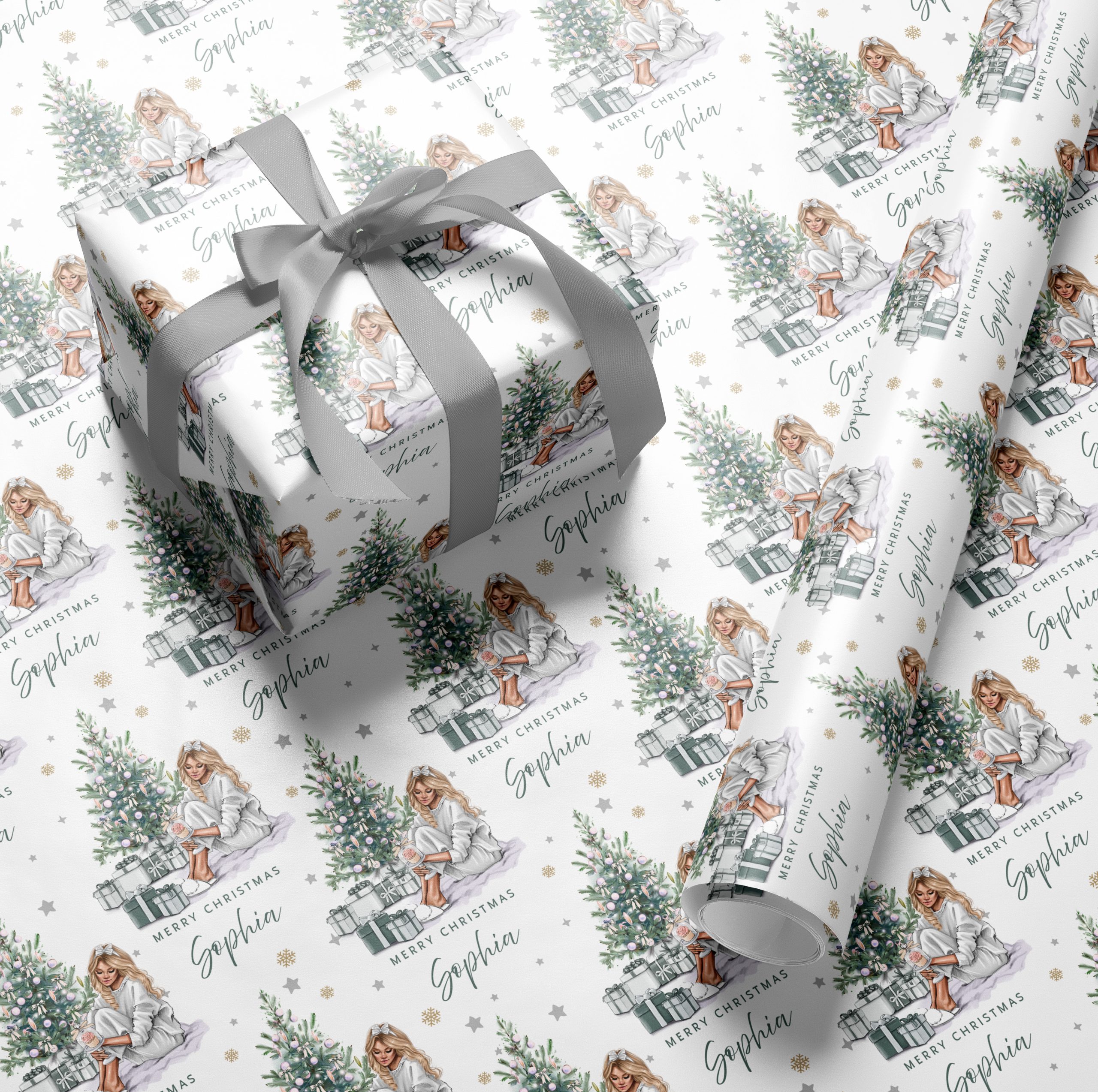Personalised Christmas Wrapping Paper Lady by Silver Tree