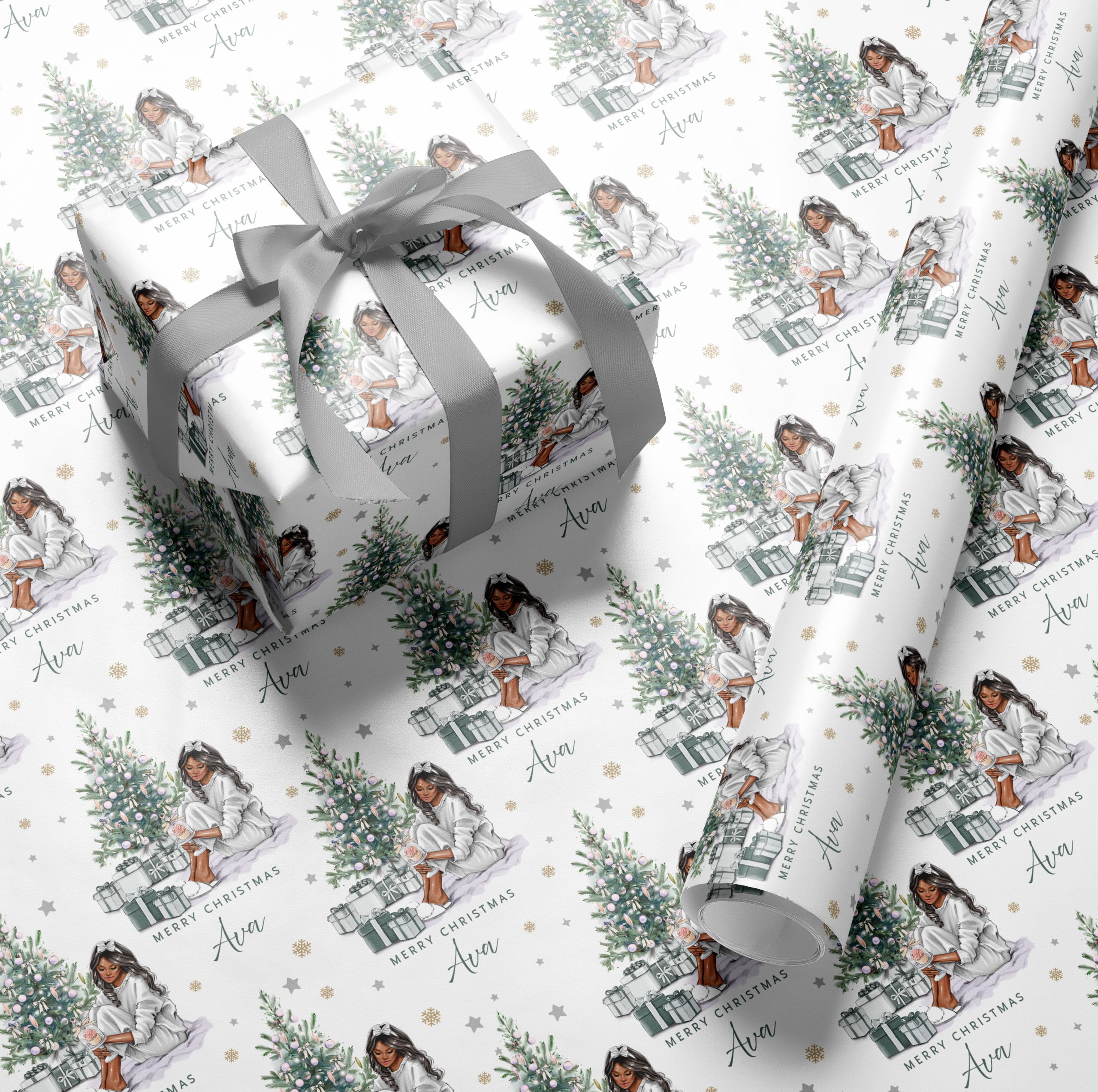Personalised Christmas Wrapping Paper Lady by Silver Tree