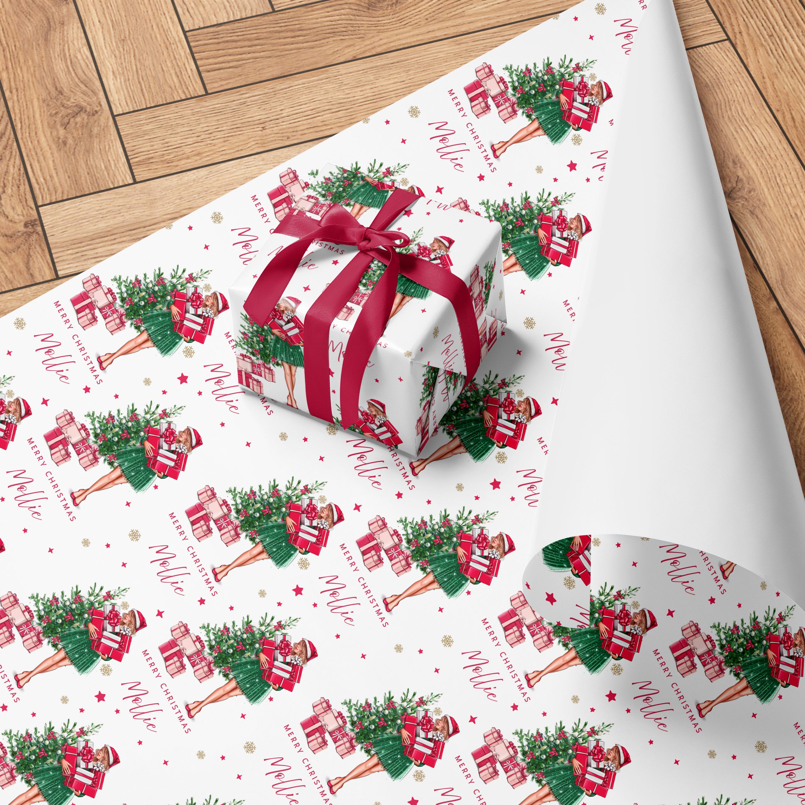 Personalised Christmas Wrapping Paper Lady with Gifts