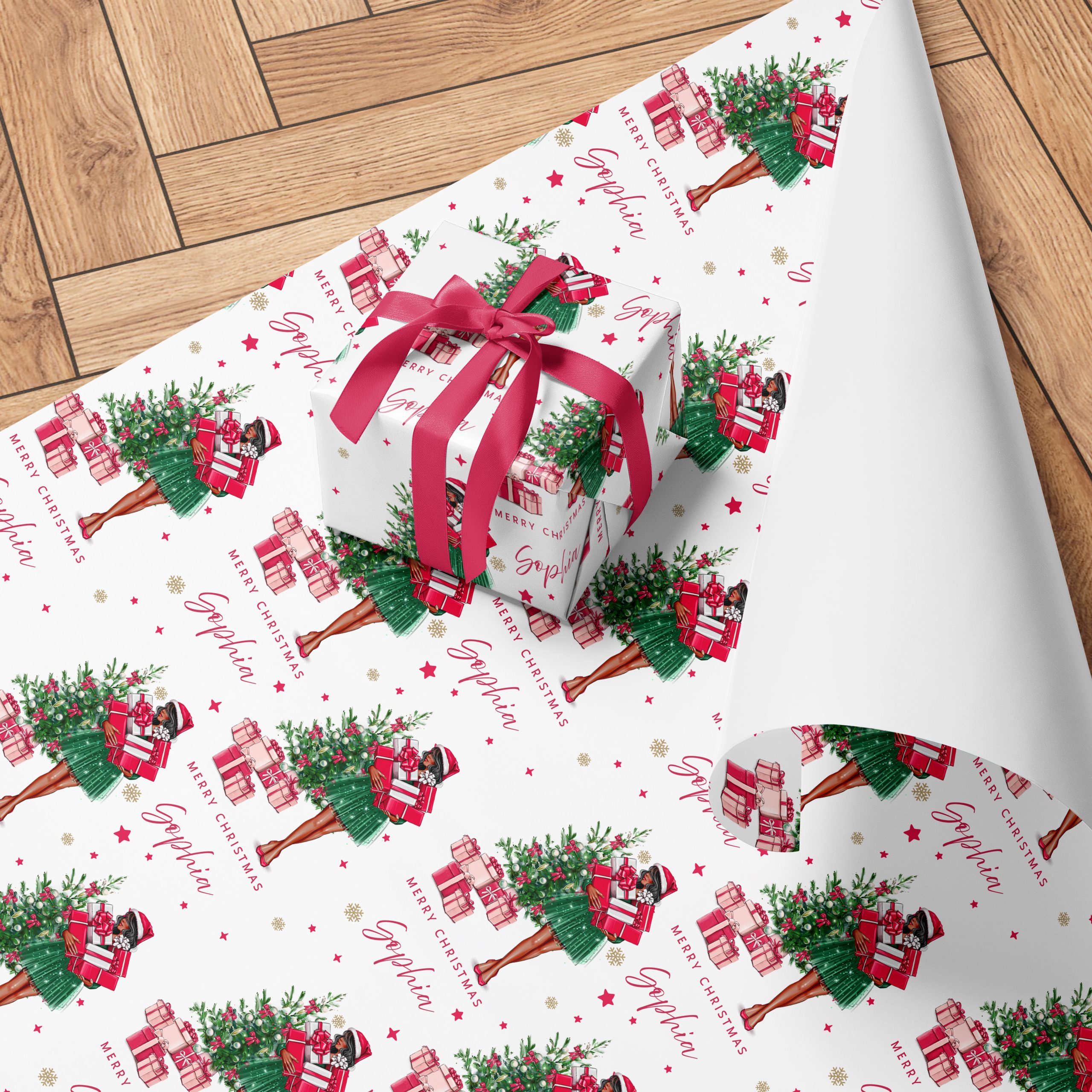 Personalised Christmas Wrapping Paper Lady with Gifts
