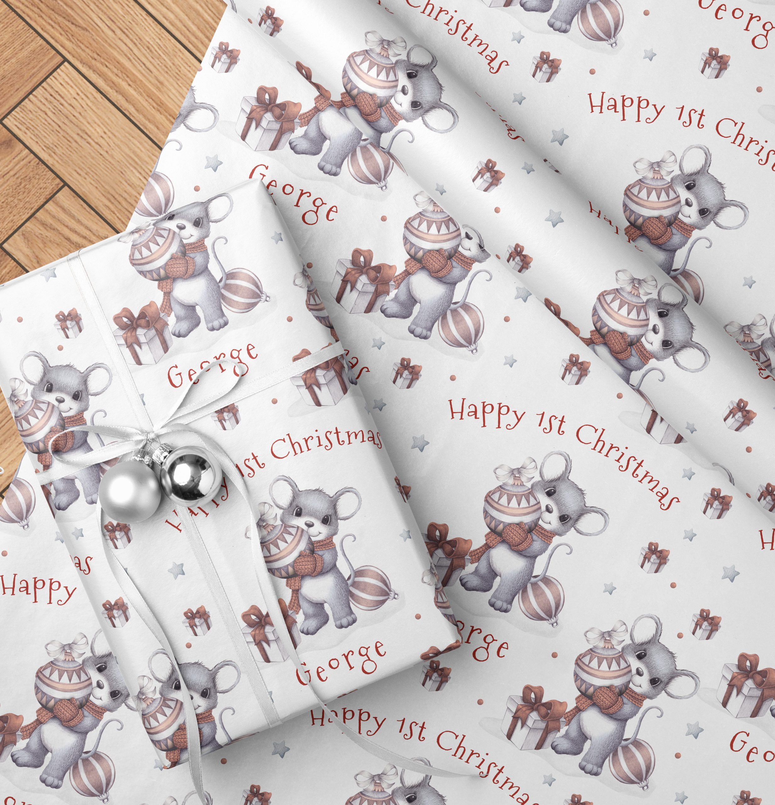 Personalised Wrapping Paper 1st Christmas Mouse