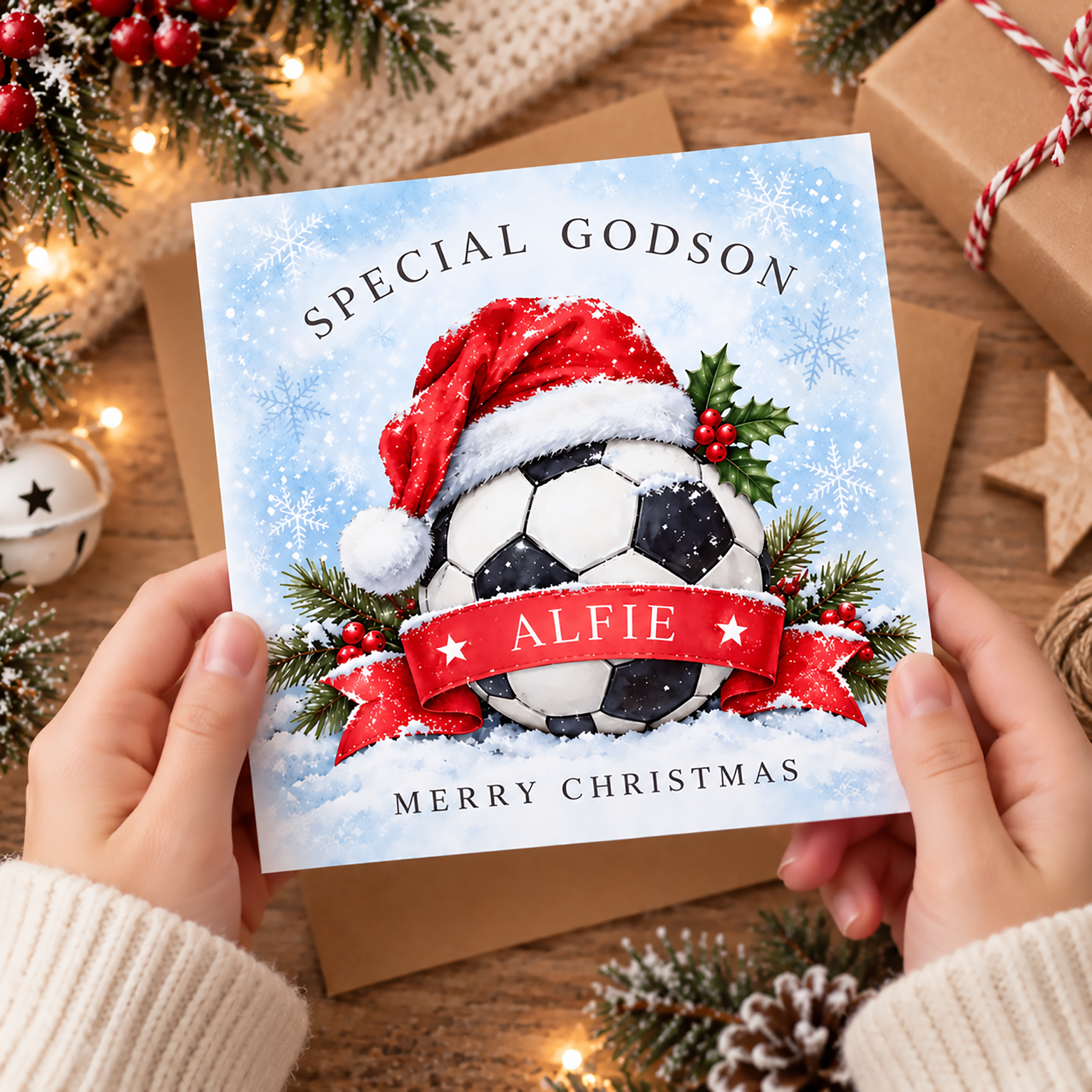 Children’s personalised football Xmas card with snowy festive design