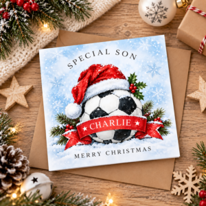 Football Christmas card personalised with name and relation for children