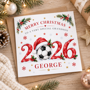 Football Christmas card for boys personalised with name for 2026