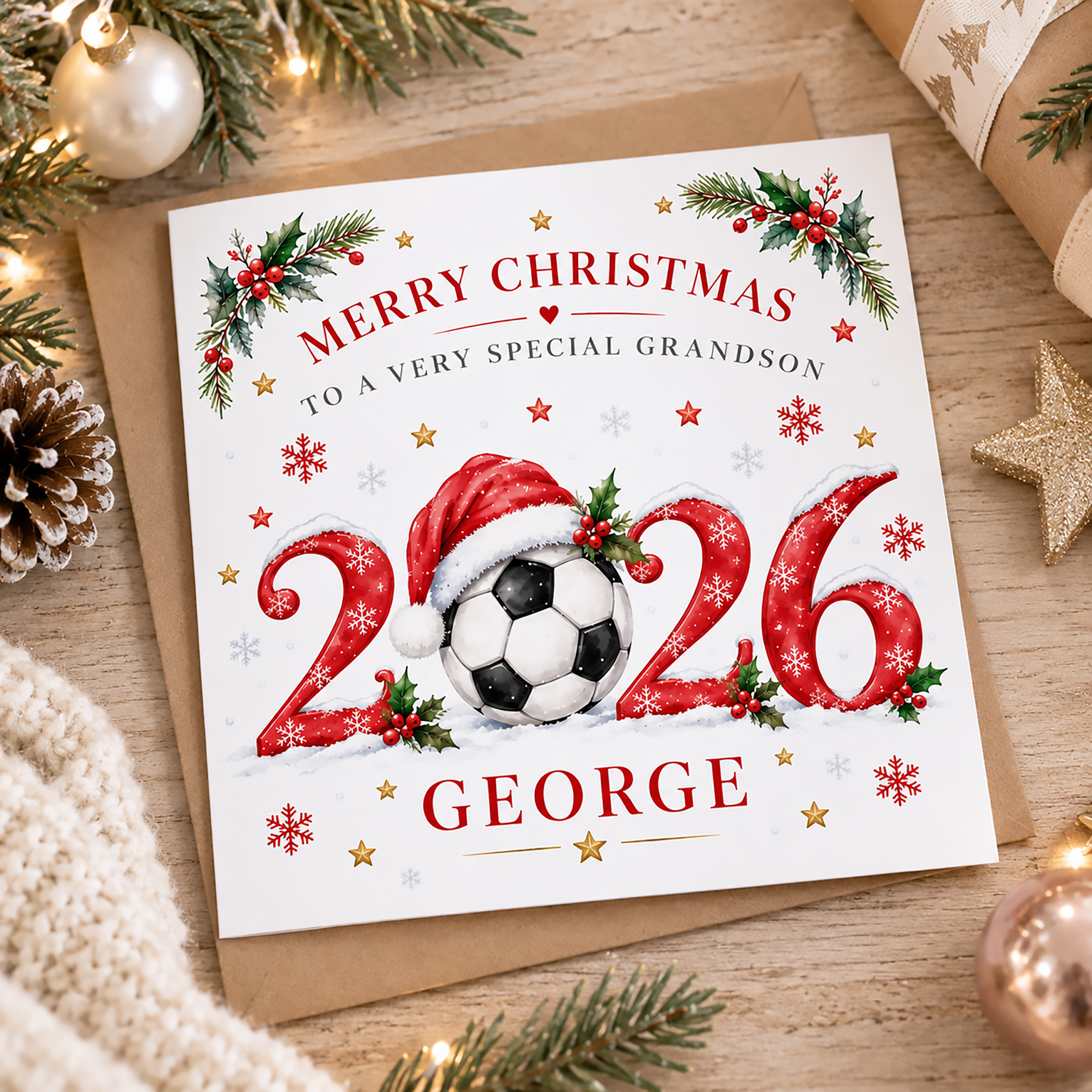 Football Christmas card for boys personalised with name for 2026