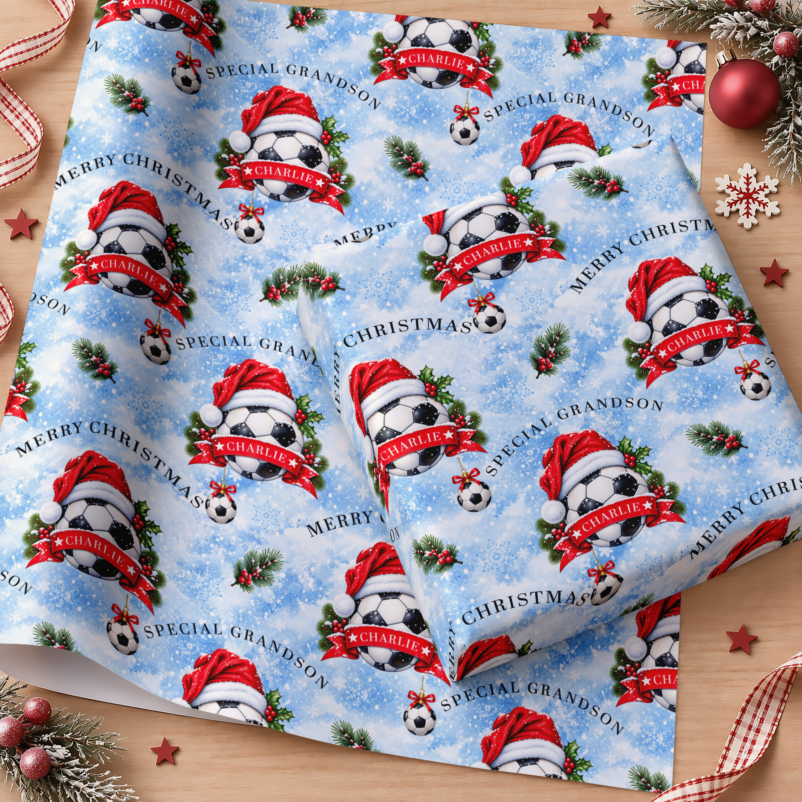Personalised Xmas wrapping paper for a football fan with custom name