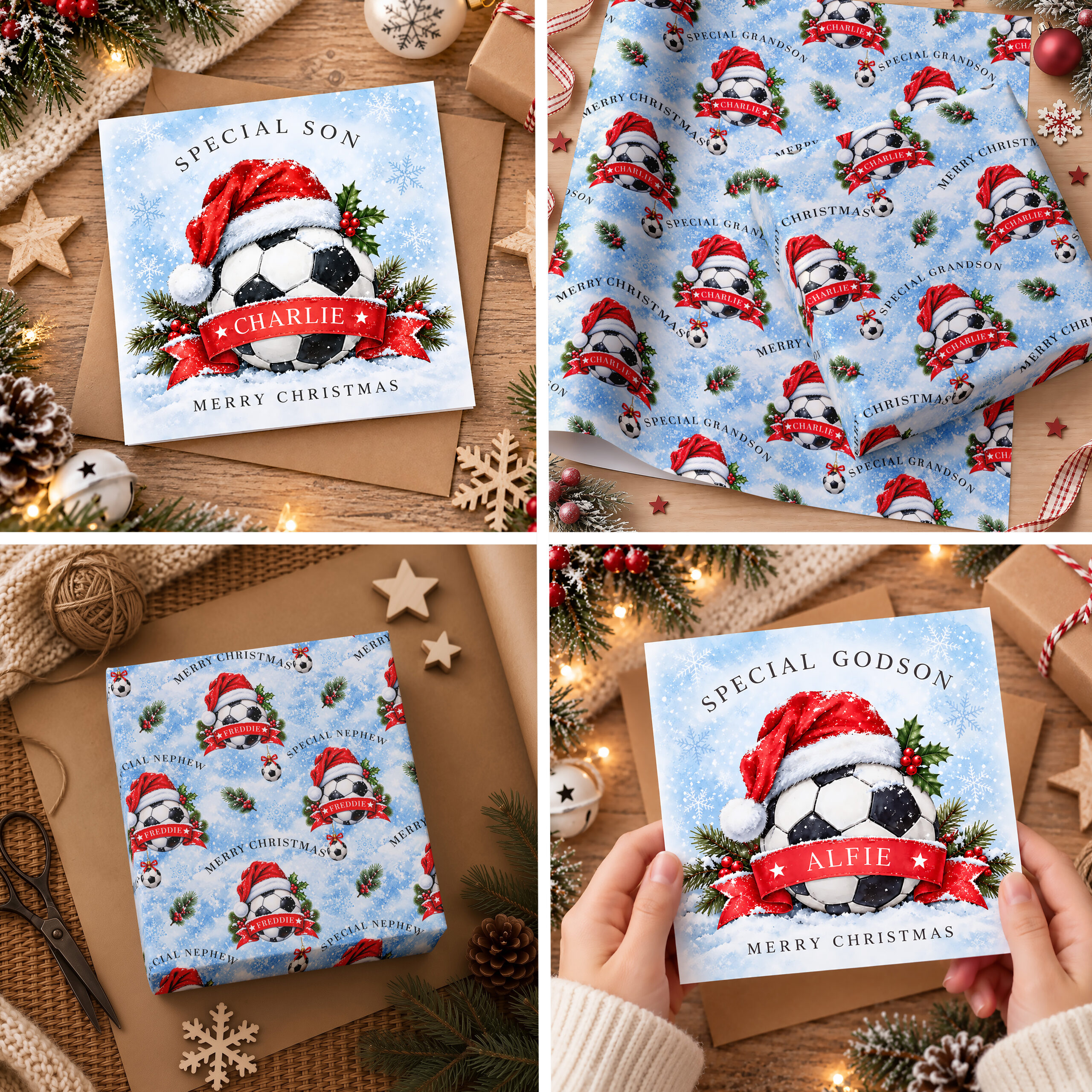 Football themed personalised Christmas gift paper and matching card with snowy blue design