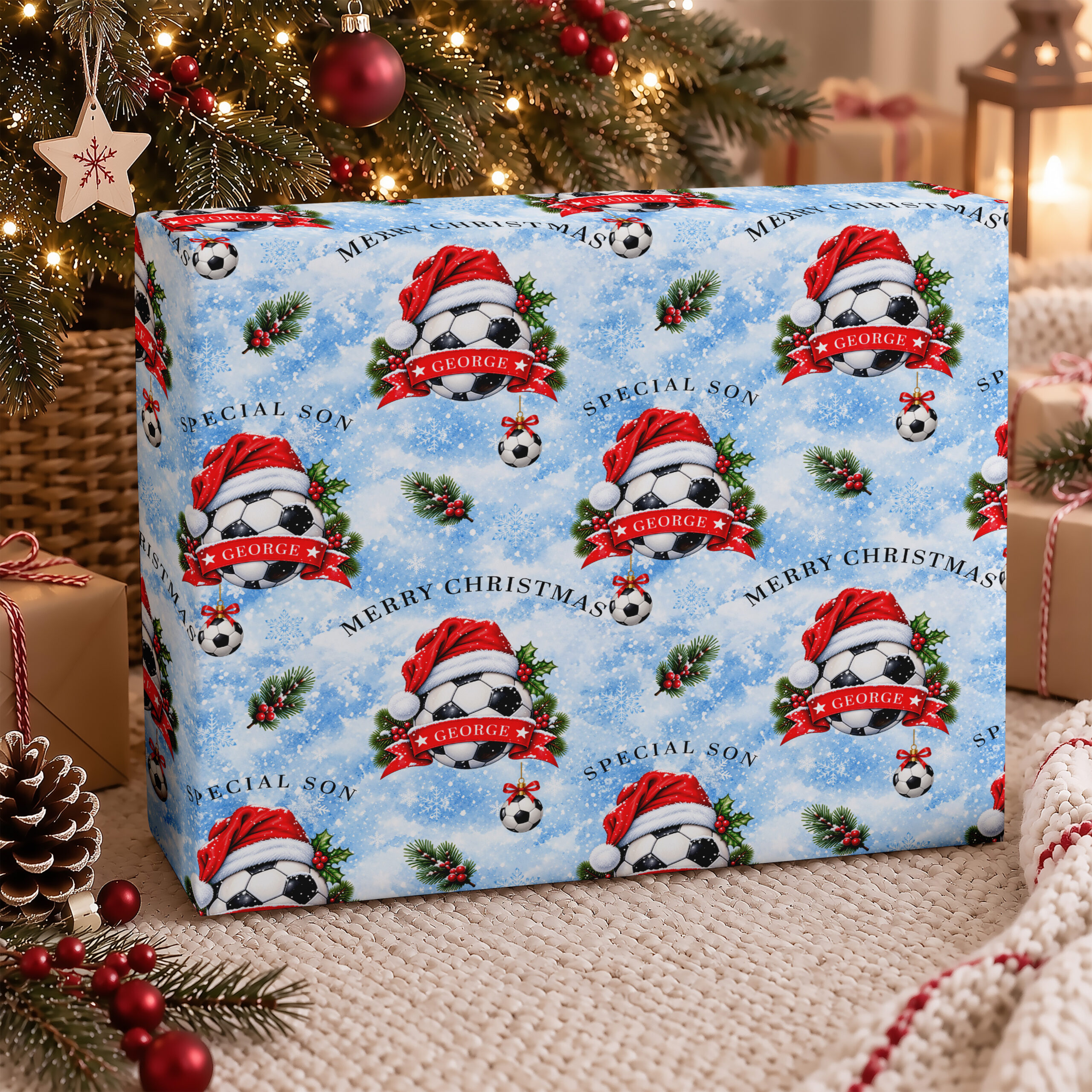 Kids blue football Christmas wrapping paper with personalised name design