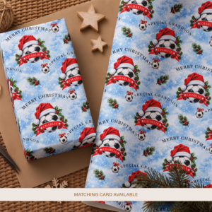Blue personalised Christmas gift wrap with festive football and custom name