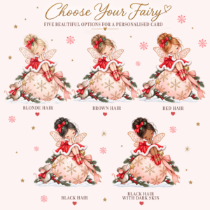 Five Christmas fairy card choices with blonde, brown, red and black hair and a dark skin option